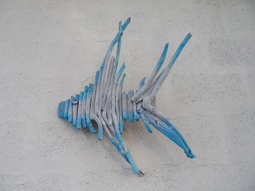 blue and white driftwood fish